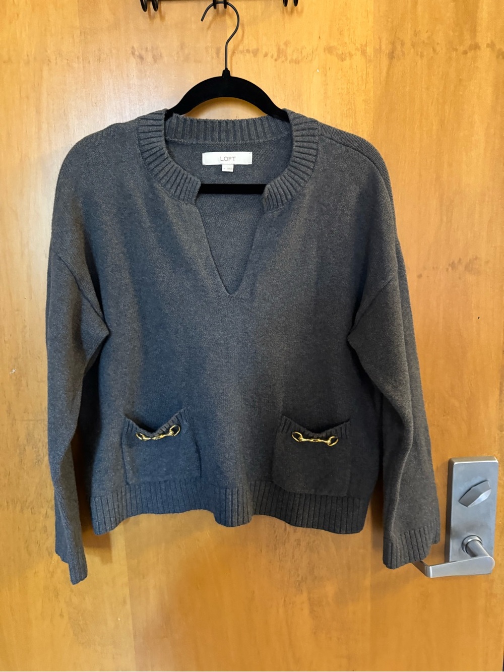 LOFT Charcoal Gray V-Notch Sweater with Gold Chain Pocket Detail